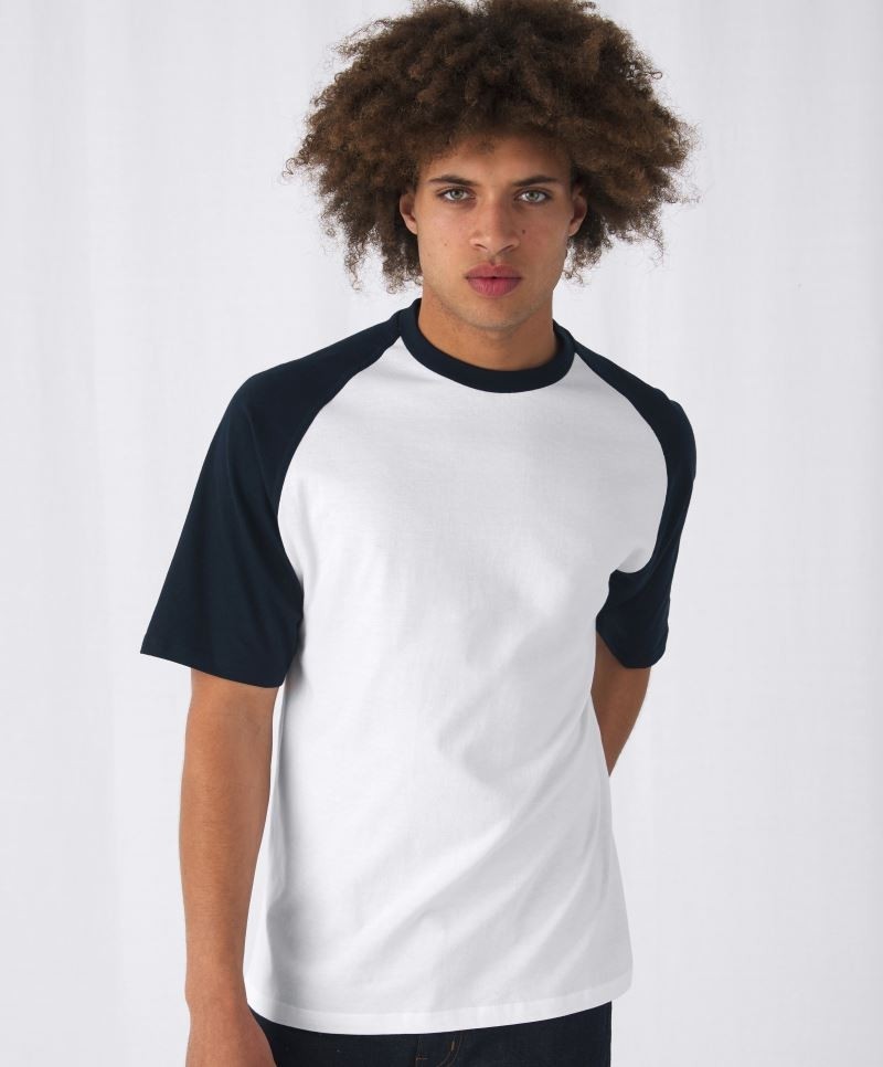 B&C Pánské triko s krátkým rukávem Baseball B&C (TU020) Bílá / Námořnická modrá M