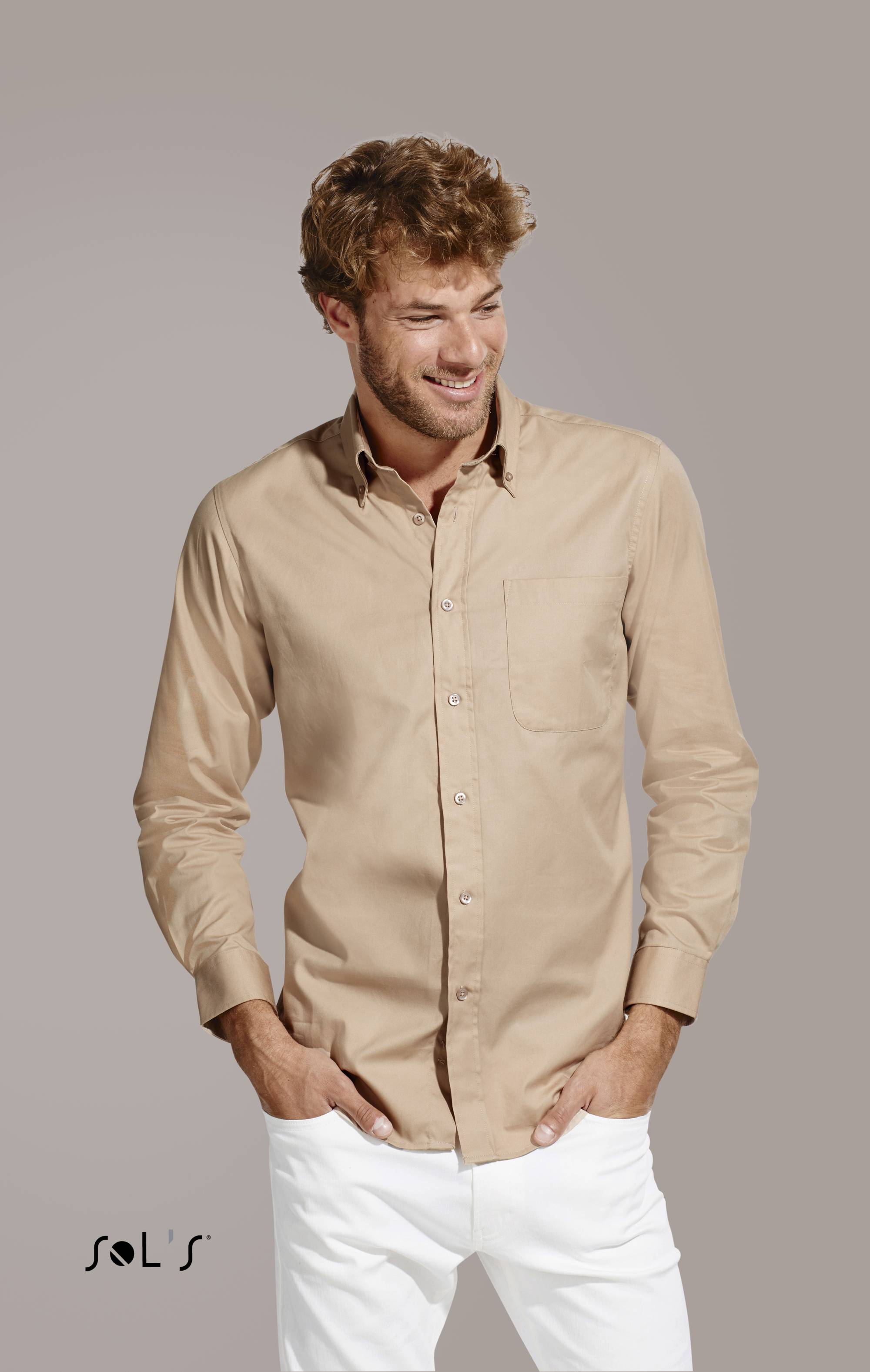 Sols Pánská keprová košile s dlouhým rukávem a kapsou Sol´s - Bel-air Béžová XL