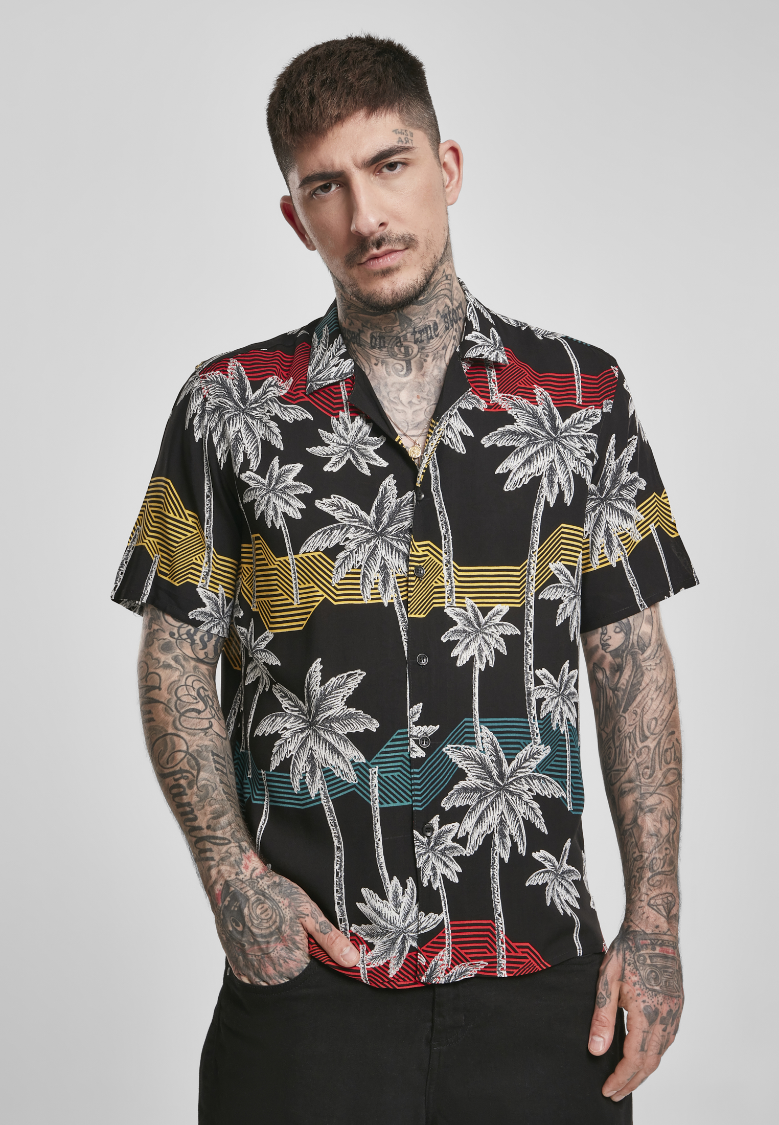 Urban Classics Pánská košile Palm Resort URBAN CLASSICS (TB3510) Černá / Palma L